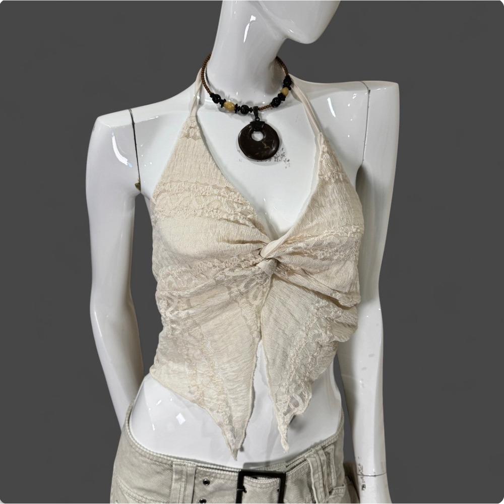 Cream Lace Fairy Tie Halter‎ Top Sheer Boho Coquette Y2K Handkerchief Hem Large